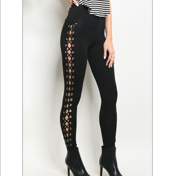Last pair! High Waist leggings laceup Gold Gromet - Picture 3 of 5
